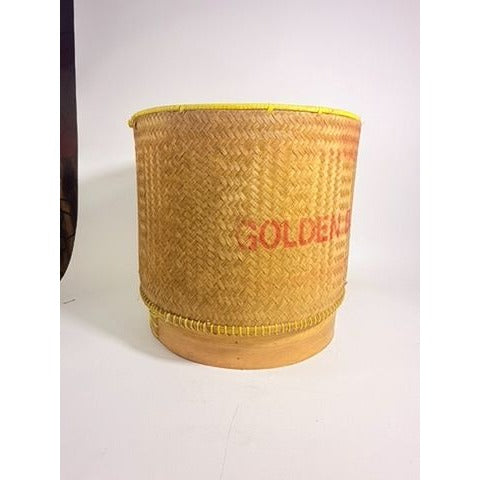 Large Bamboo Wicker Basket with Lid Kratip Sticky Rice Golden Boy Stamped Hand Woven Handled Storage Basket Asian Thai Cookware Kitchen Home