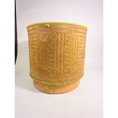 Large Bamboo Wicker Basket with Lid Kratip Sticky Rice Golden Boy Stamped Hand Woven Handled Storage Basket Asian Thai Cookware Kitchen Home
