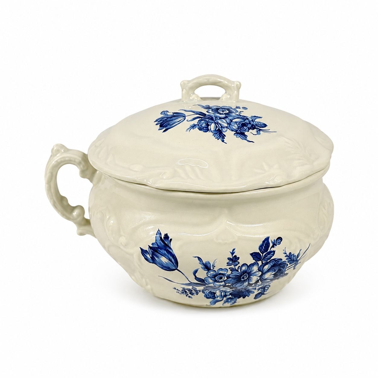 Ironstone Flow Blue Chamber Pot Planter Transferware Vintage Bowl Handle Lid Flowers Farmhouse Country Cottage Granny Core