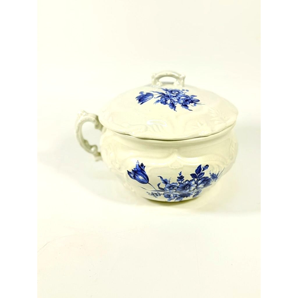 Ironstone Flow Blue Chamber Pot Planter Transferware Vintage Bowl Handle Lid Flowers Farmhouse Country Cottage Granny Core