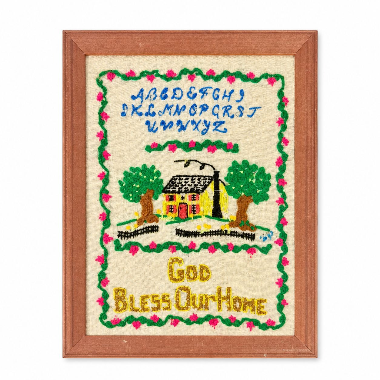 Needlework Sampler Embroidery Wall Art Vintage God Bless Our Home Handmade Framed Alphabet Country Primitive Granny Cottage Core Farmhouse