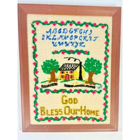 Needlework Sampler Embroidery Wall Art Vintage God Bless Our Home Handmade Framed Alphabet Country Primitive Granny Cottage Core Farmhouse