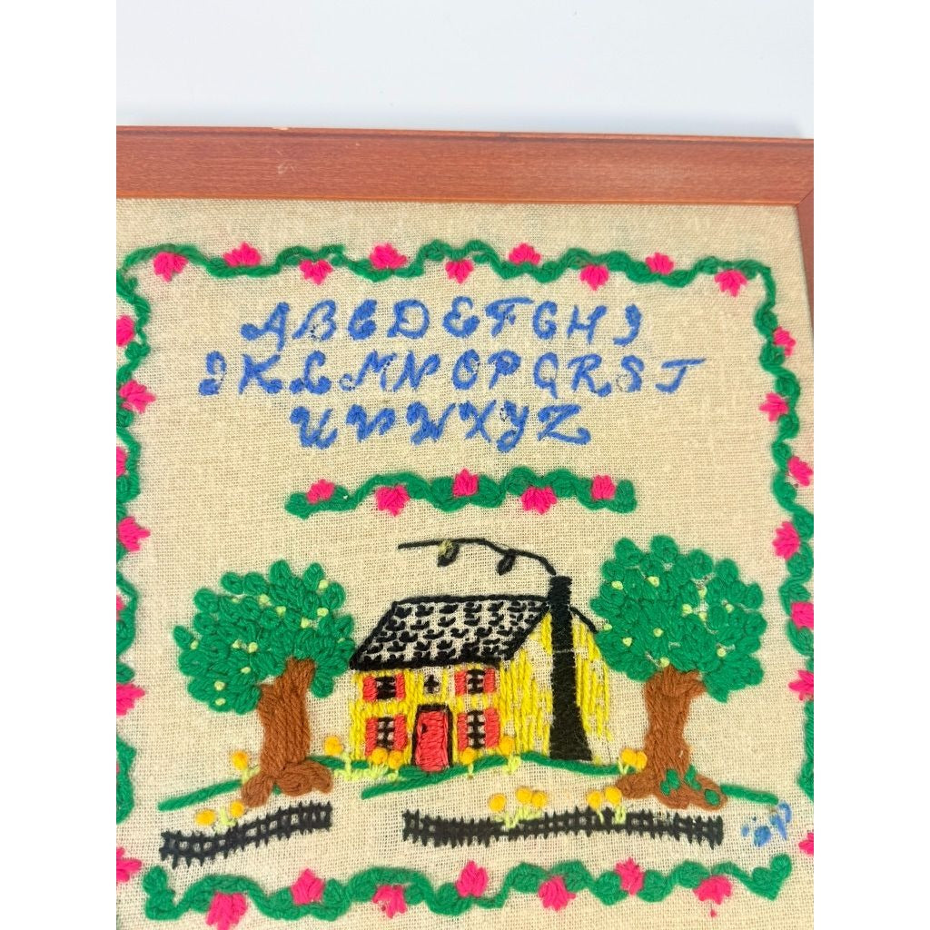 Needlework Sampler Embroidery Wall Art Vintage God Bless Our Home Handmade Framed Alphabet Country Primitive Granny Cottage Core Farmhouse