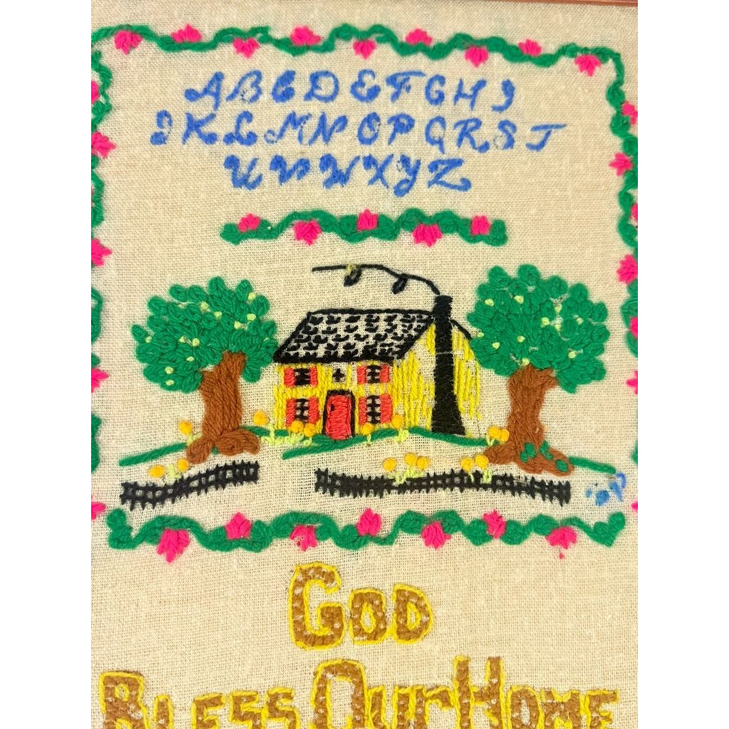 Needlework Sampler Embroidery Wall Art Vintage God Bless Our Home Handmade Framed Alphabet Country Primitive Granny Cottage Core Farmhouse
