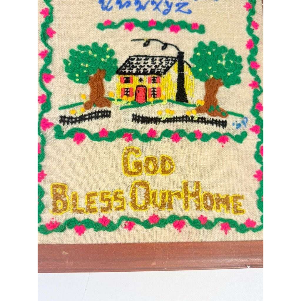 Needlework Sampler Embroidery Wall Art Vintage God Bless Our Home Handmade Framed Alphabet Country Primitive Granny Cottage Core Farmhouse