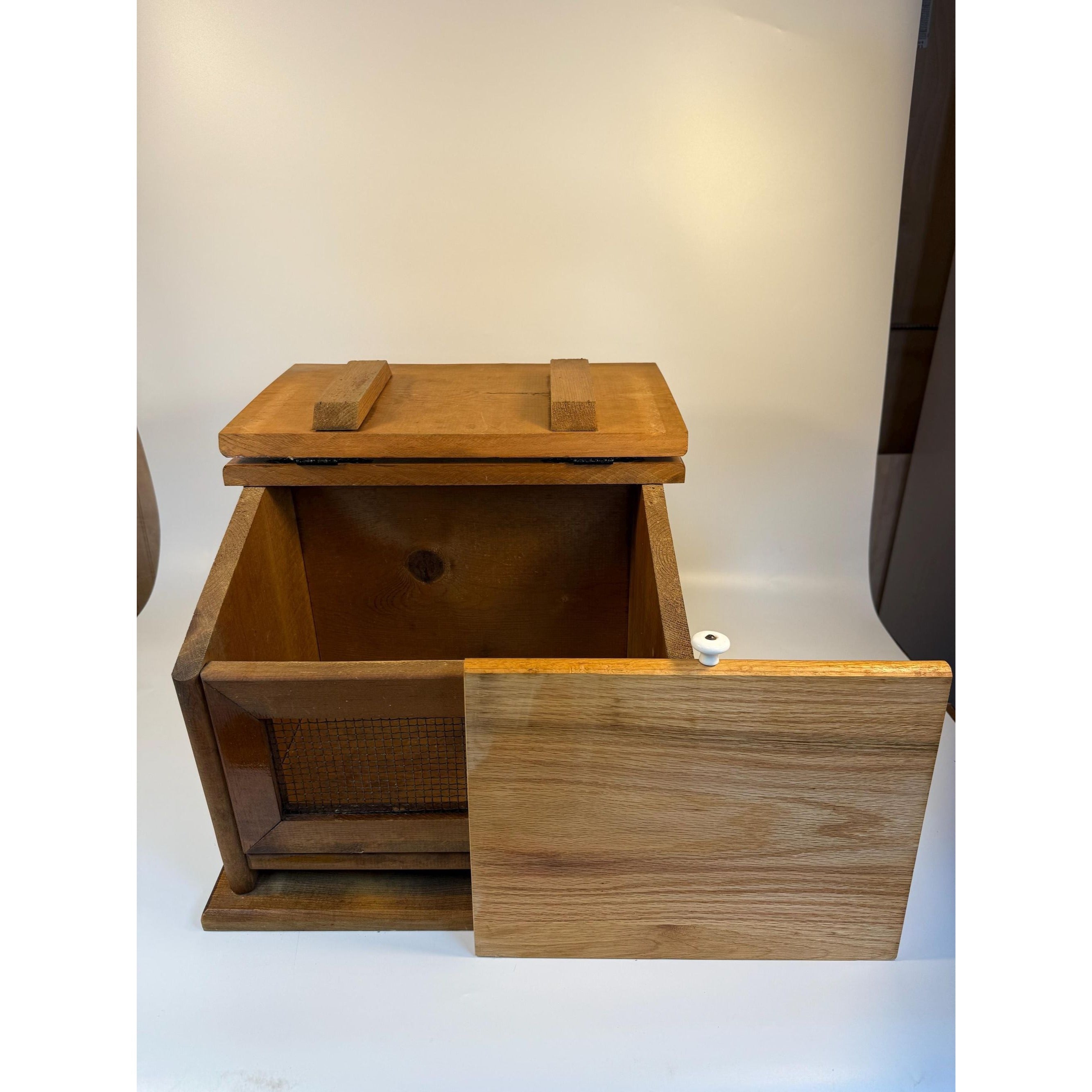Wooden Bread Box Solid Handmade Wood Cut Out Cutting Board Mesh Wire Door Box Farmhouse Primitive Kitchen Storage Decor Cottage Granny