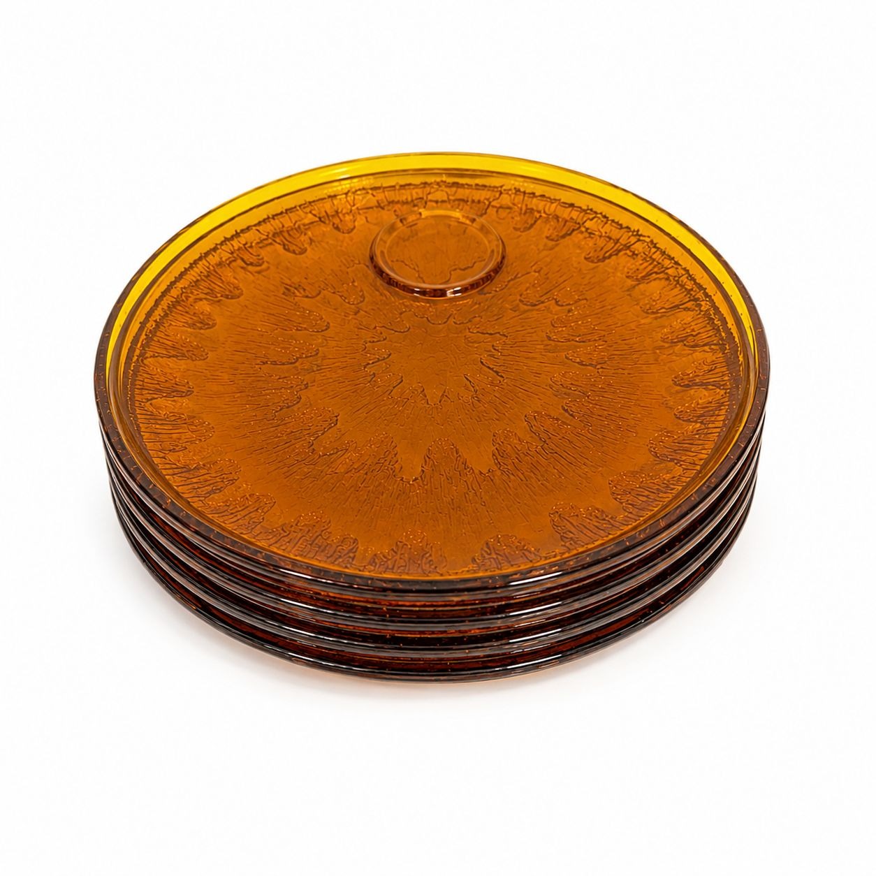 Glass Snack Plates  Indiana Glassware Sunburst Set 4 Amber Orange Mid Century Kitschy Retro Dinnerware Party Plates Hostess Set Replacement