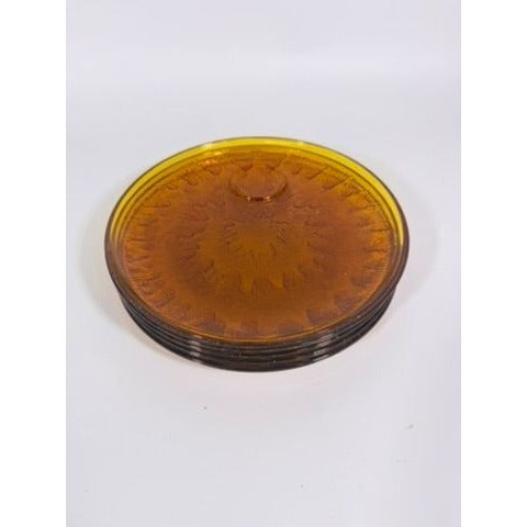 Glass Snack Plates  Indiana Glassware Sunburst Set 4 Amber Orange Mid Century Kitschy Retro Dinnerware Party Plates Hostess Set Replacement