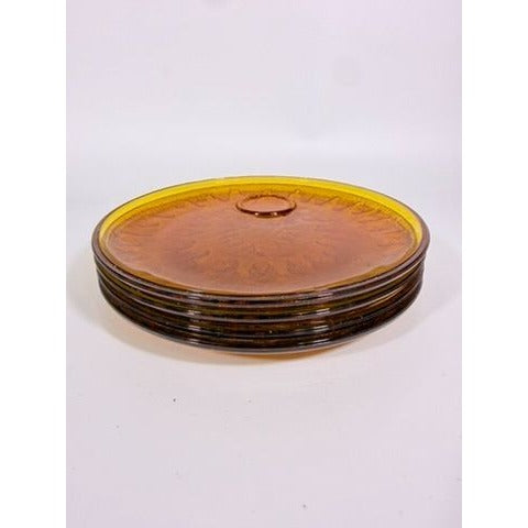 Glass Snack Plates  Indiana Glassware Sunburst Set 4 Amber Orange Mid Century Kitschy Retro Dinnerware Party Plates Hostess Set Replacement