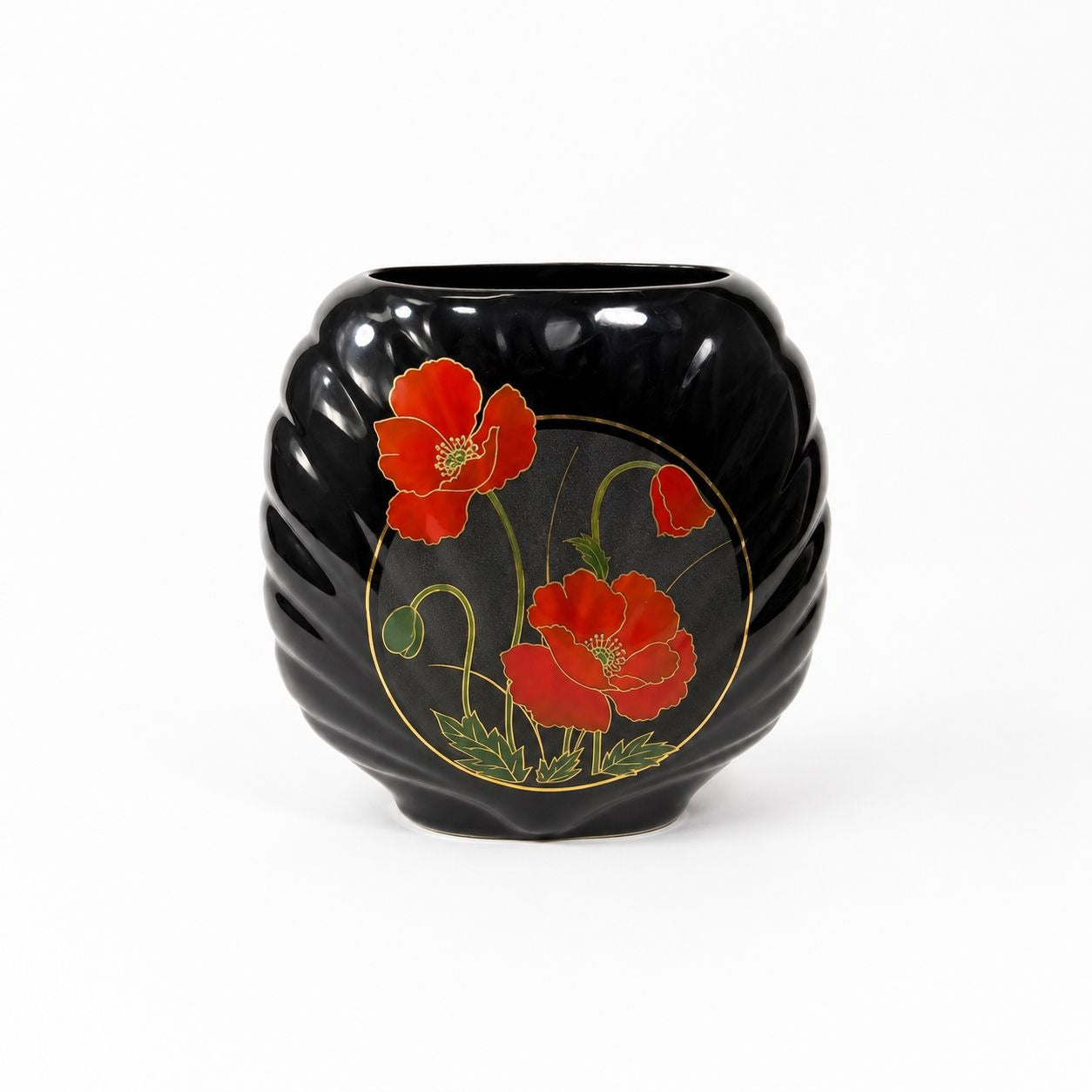Oriental Vase Black Gloss Porcelain Red Poppies Flowers Poppy Fine China Japan 80s Retro Gold Embossed Home Decor Decorative Accents