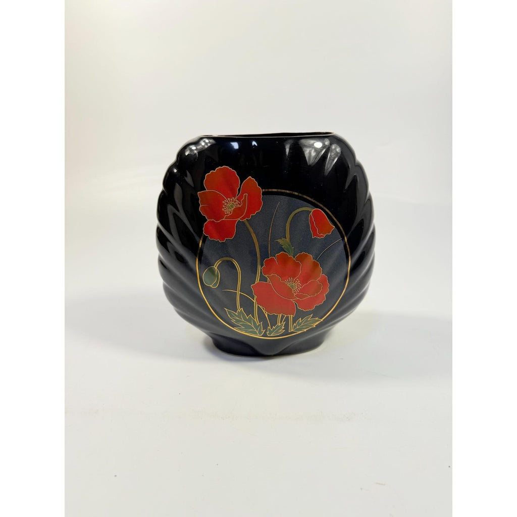Oriental Vase Black Gloss Porcelain Red Poppies Flowers Poppy Fine China Japan 80s Retro Gold Embossed Home Decor Decorative Accents