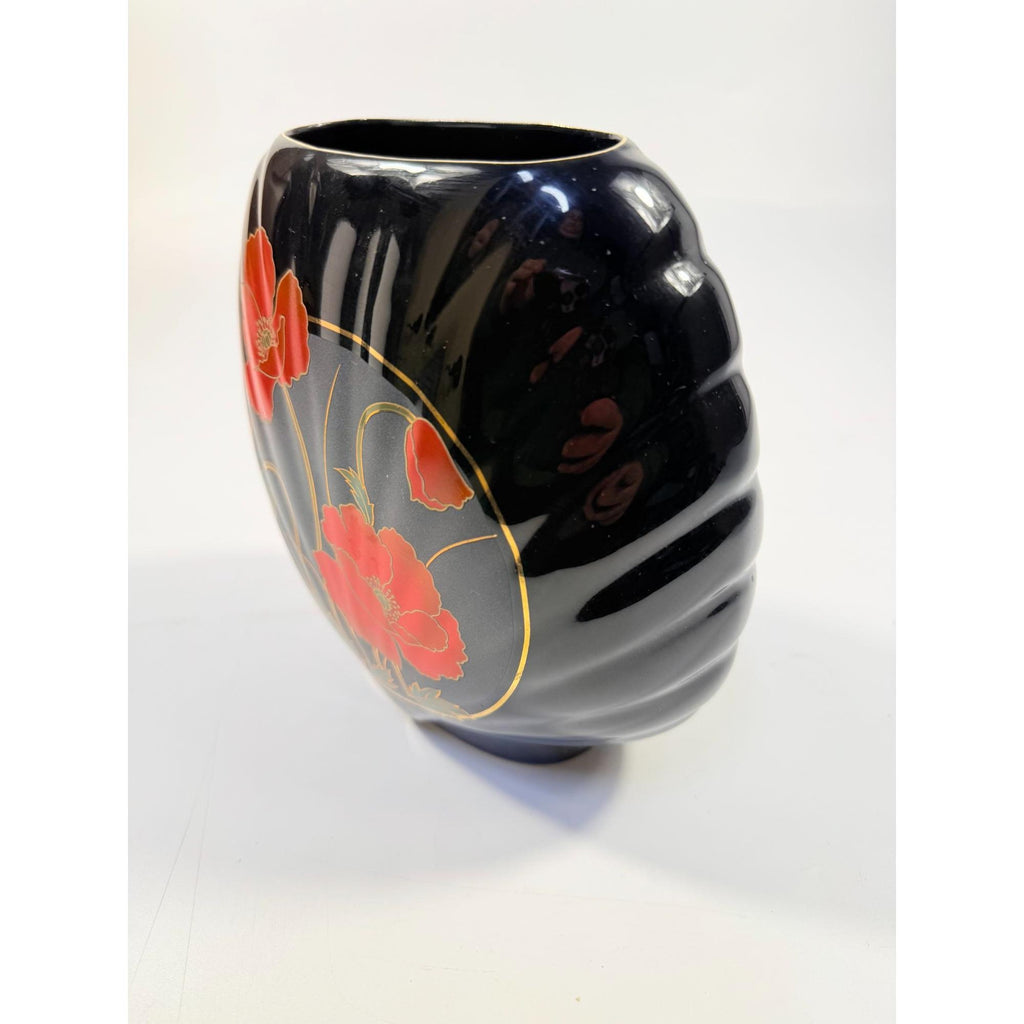 Oriental Vase Black Gloss Porcelain Red Poppies Flowers Poppy Fine China Japan 80s Retro Gold Embossed Home Decor Decorative Accents