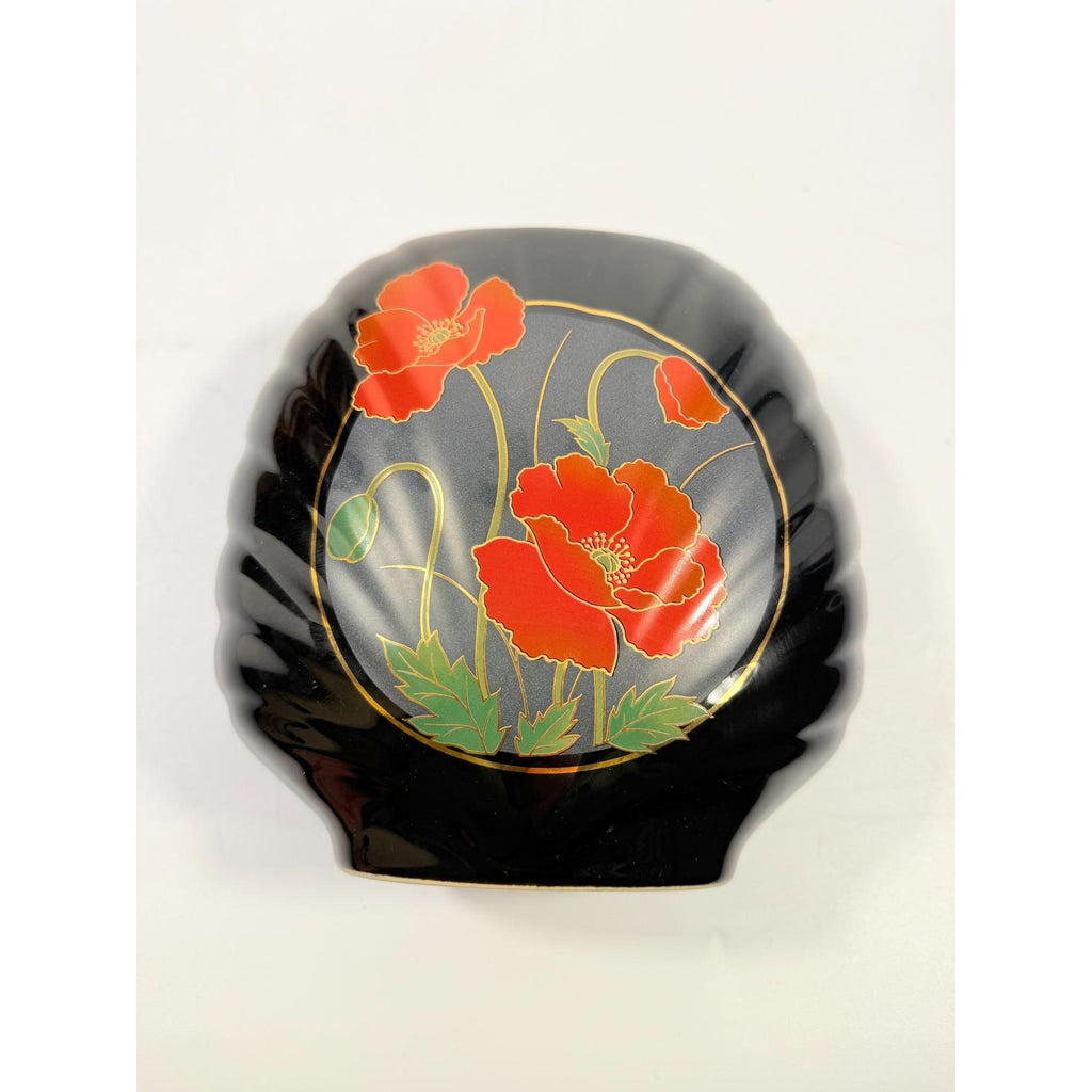 Oriental Vase Black Gloss Porcelain Red Poppies Flowers Poppy Fine China Japan 80s Retro Gold Embossed Home Decor Decorative Accents