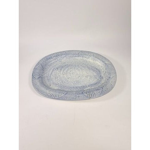 Large Serving Platter Italian Pottery Vintage Seashell Border Hand Painted Blue Gold Fleck Speckle Coastal Grandma Natuical Beach Italy