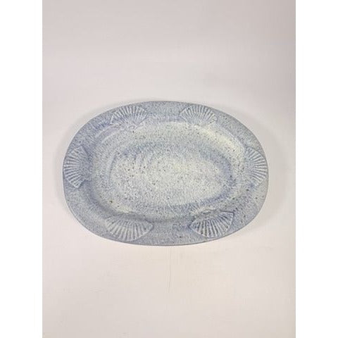 Large Serving Platter Italian Pottery Vintage Seashell Border Hand Painted Blue Gold Fleck Speckle Coastal Grandma Natuical Beach Italy