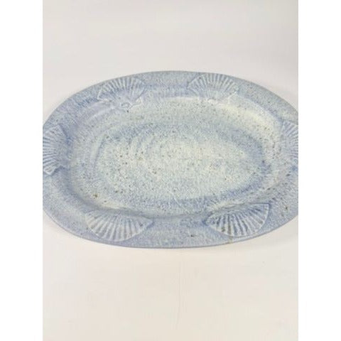Large Serving Platter Italian Pottery Vintage Seashell Border Hand Painted Blue Gold Fleck Speckle Coastal Grandma Natuical Beach Italy
