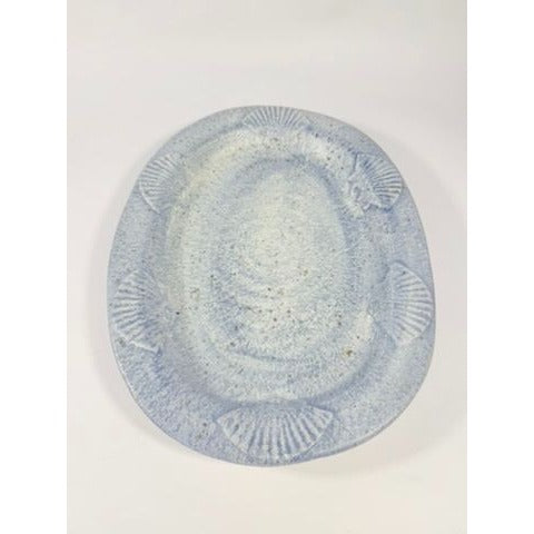 Large Serving Platter Italian Pottery Vintage Seashell Border Hand Painted Blue Gold Fleck Speckle Coastal Grandma Natuical Beach Italy