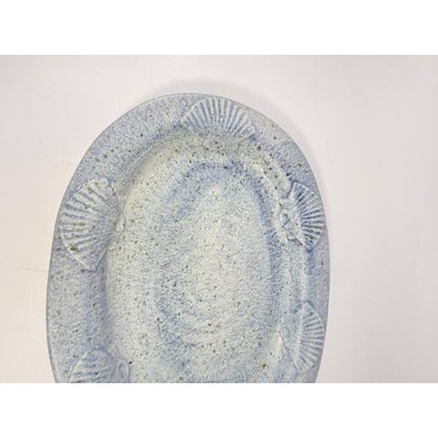 Large Serving Platter Italian Pottery Vintage Seashell Border Hand Painted Blue Gold Fleck Speckle Coastal Grandma Natuical Beach Italy
