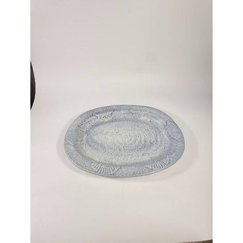 Large Serving Platter Italian Pottery Vintage Seashell Border Hand Painted Blue Gold Fleck Speckle Coastal Grandma Natuical Beach Italy