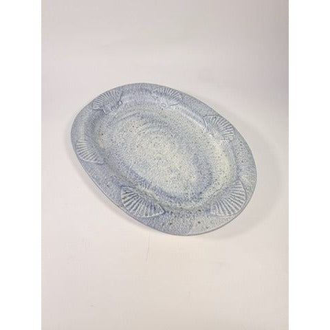 Large Serving Platter Italian Pottery Vintage Seashell Border Hand Painted Blue Gold Fleck Speckle Coastal Grandma Natuical Beach Italy