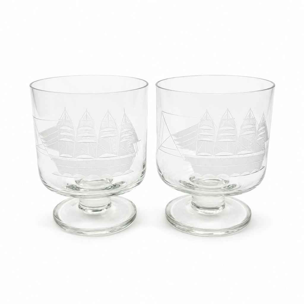 Whiskey Rocks Glasses Footed Set 2 Toscany Etched Crystal Clipper Vintage Glassware Barware Replacement Tumbler Nautical SchoonerMancave