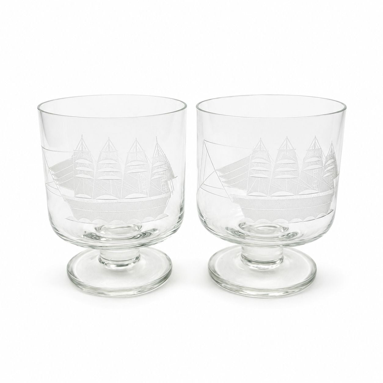 Whiskey Rocks Glasses Footed Set 2 Toscany Etched Crystal Clipper Vintage Glassware Barware Replacement Tumbler Nautical SchoonerMancave