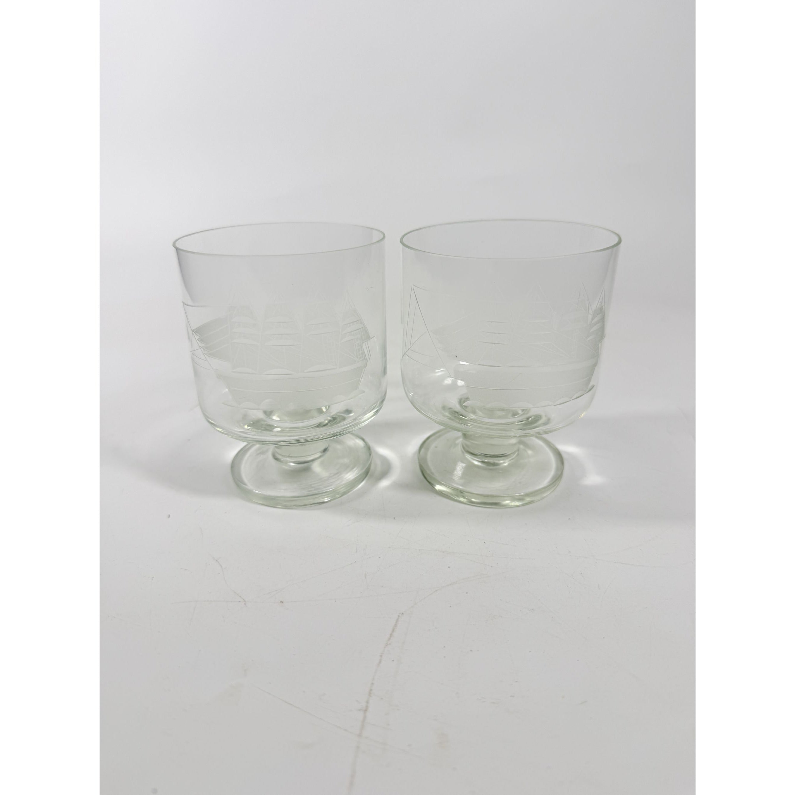 Whiskey Rocks Glasses Footed Set 2 Toscany Etched Crystal Clipper Vintage Glassware Barware Replacement Tumbler Nautical SchoonerMancave
