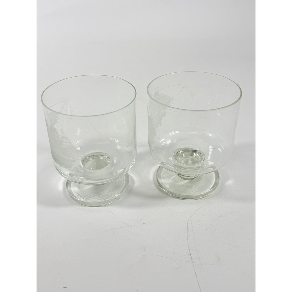 Whiskey Rocks Glasses Footed Set 2 Toscany Etched Crystal Clipper Vintage Glassware Barware Replacement Tumbler Nautical SchoonerMancave