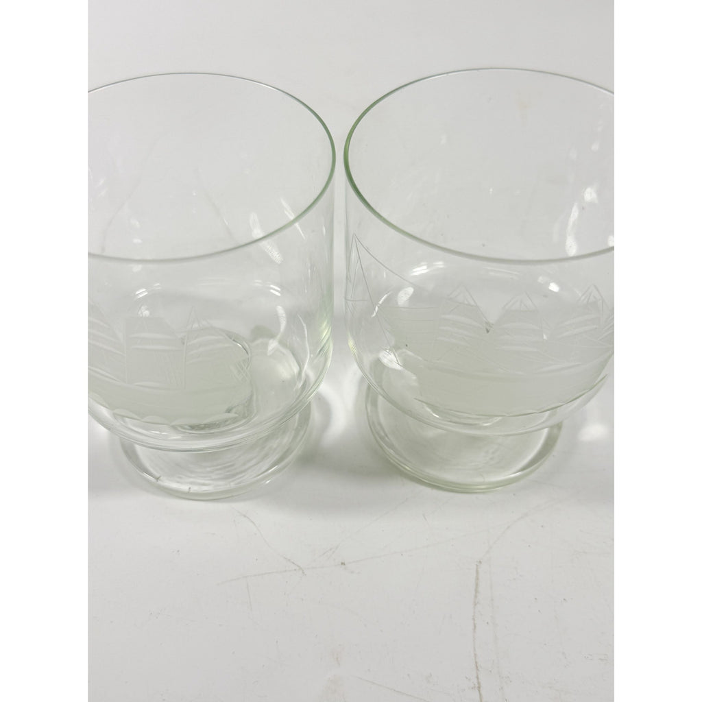 Whiskey Rocks Glasses Footed Set 2 Toscany Etched Crystal Clipper Vintage Glassware Barware Replacement Tumbler Nautical SchoonerMancave