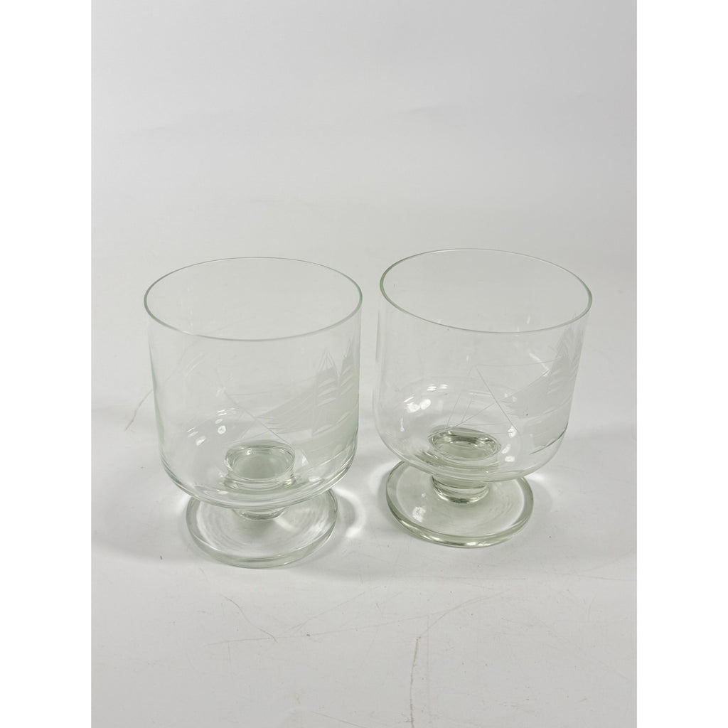 Whiskey Rocks Glasses Footed Set 2 Toscany Etched Crystal Clipper Vintage Glassware Barware Replacement Tumbler Nautical SchoonerMancave