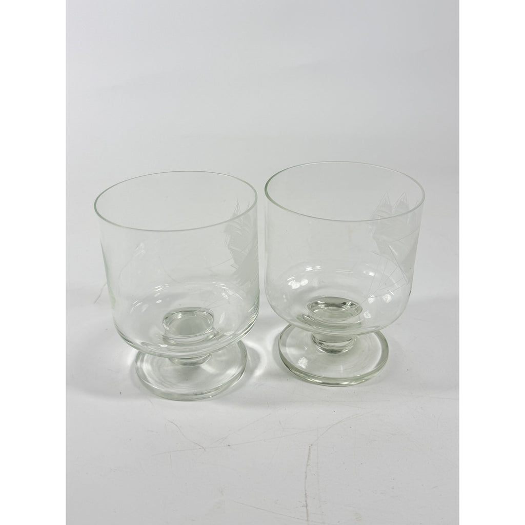 Whiskey Rocks Glasses Footed Set 2 Toscany Etched Crystal Clipper Vintage Glassware Barware Replacement Tumbler Nautical SchoonerMancave