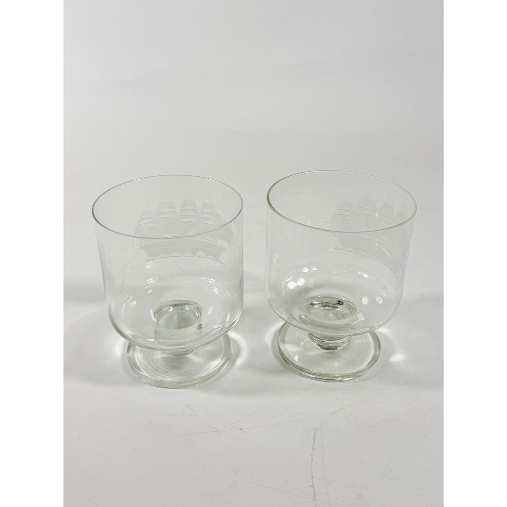 Whiskey Rocks Glasses Footed Set 2 Toscany Etched Crystal Clipper Vintage Glassware Barware Replacement Tumbler Nautical SchoonerMancave