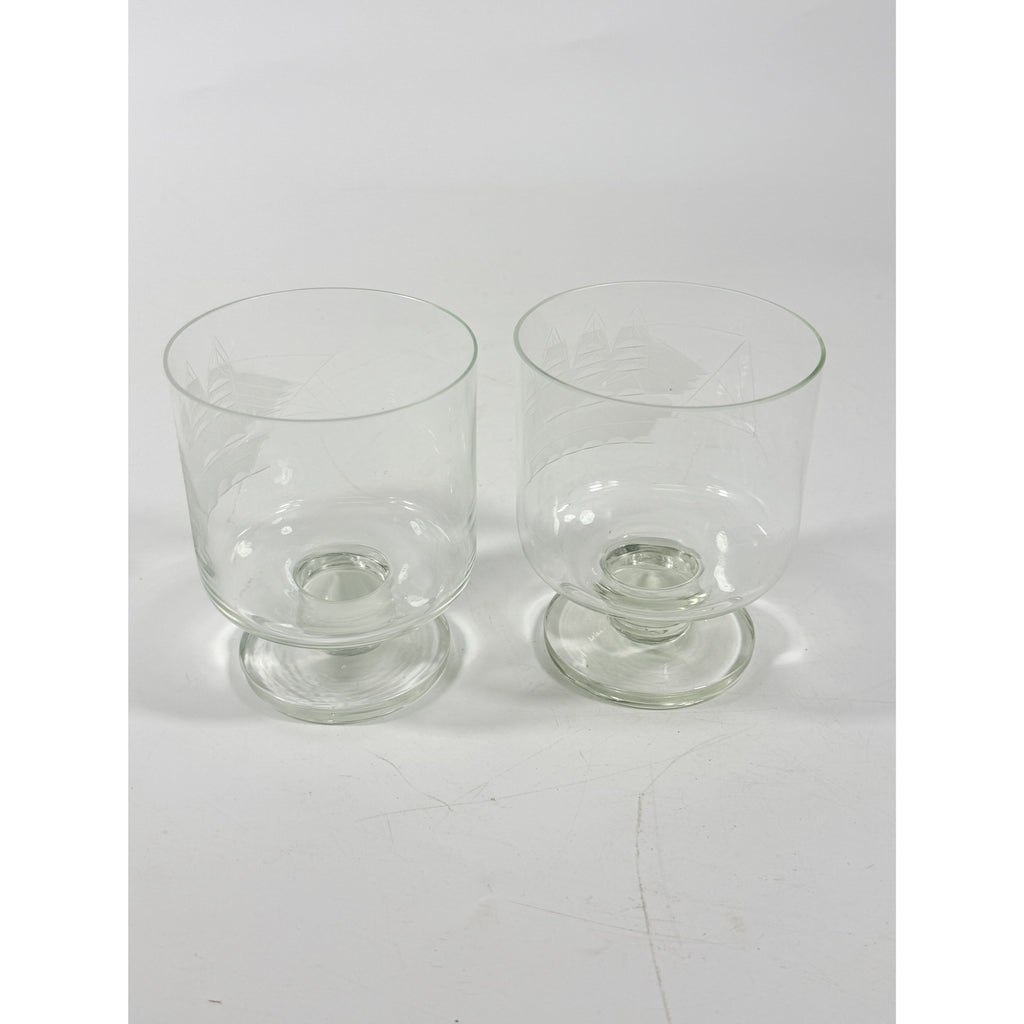 Whiskey Rocks Glasses Footed Set 2 Toscany Etched Crystal Clipper Vintage Glassware Barware Replacement Tumbler Nautical SchoonerMancave