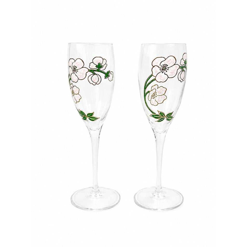 Crystal Champagne Flutes Set 2 Perrier Jouet Belle Epoque France  Hand-Painted 7 1/2" Pair Toasting Glassware Vintage Wedding Replacement