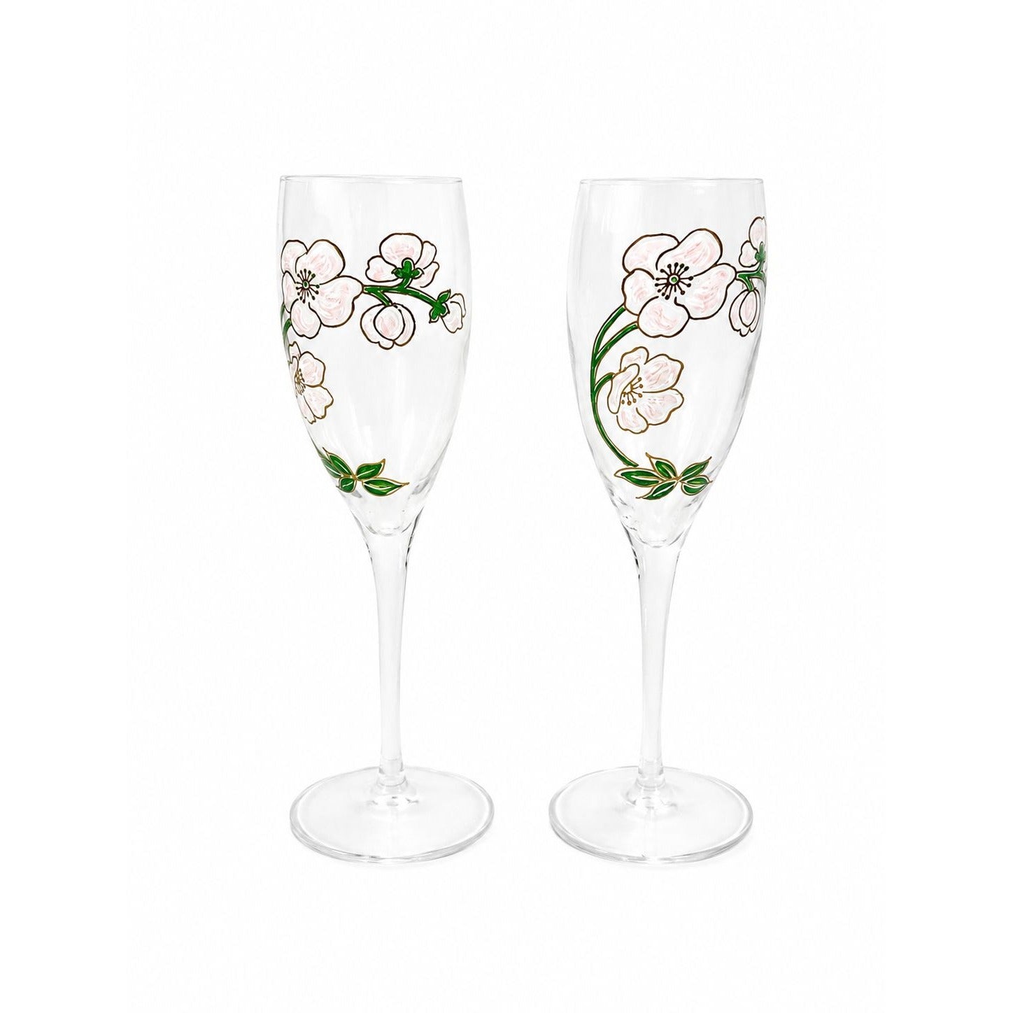 Crystal Champagne Flutes Set 2 Perrier Jouet Belle Epoque France  Hand-Painted 7 1/2" Pair Toasting Glassware Vintage Wedding Replacement