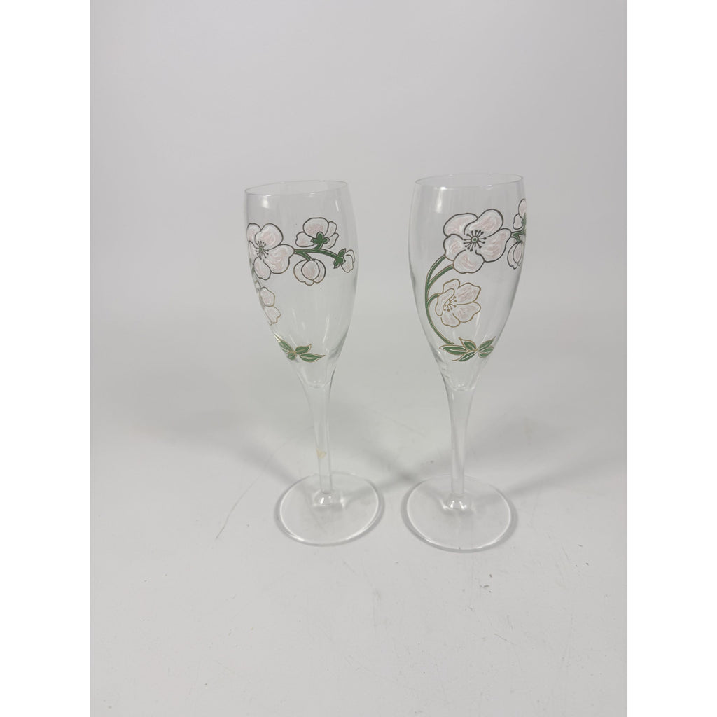 Crystal Champagne Flutes Set 2 Perrier Jouet Belle Epoque France  Hand-Painted 7 1/2" Pair Toasting Glassware Vintage Wedding Replacement