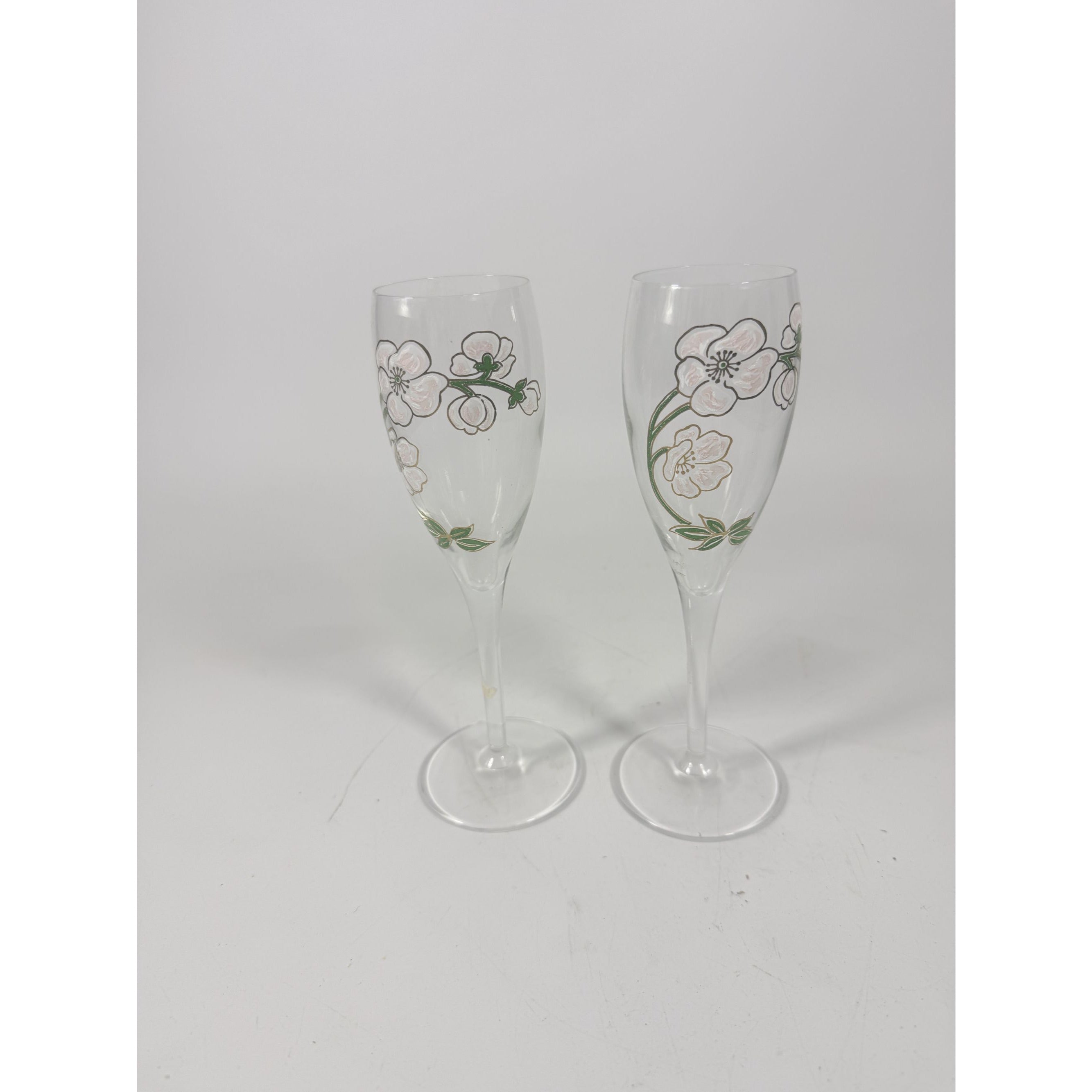 Crystal Champagne Flutes Set 2 Perrier Jouet Belle Epoque France  Hand-Painted 7 1/2" Pair Toasting Glassware Vintage Wedding Replacement
