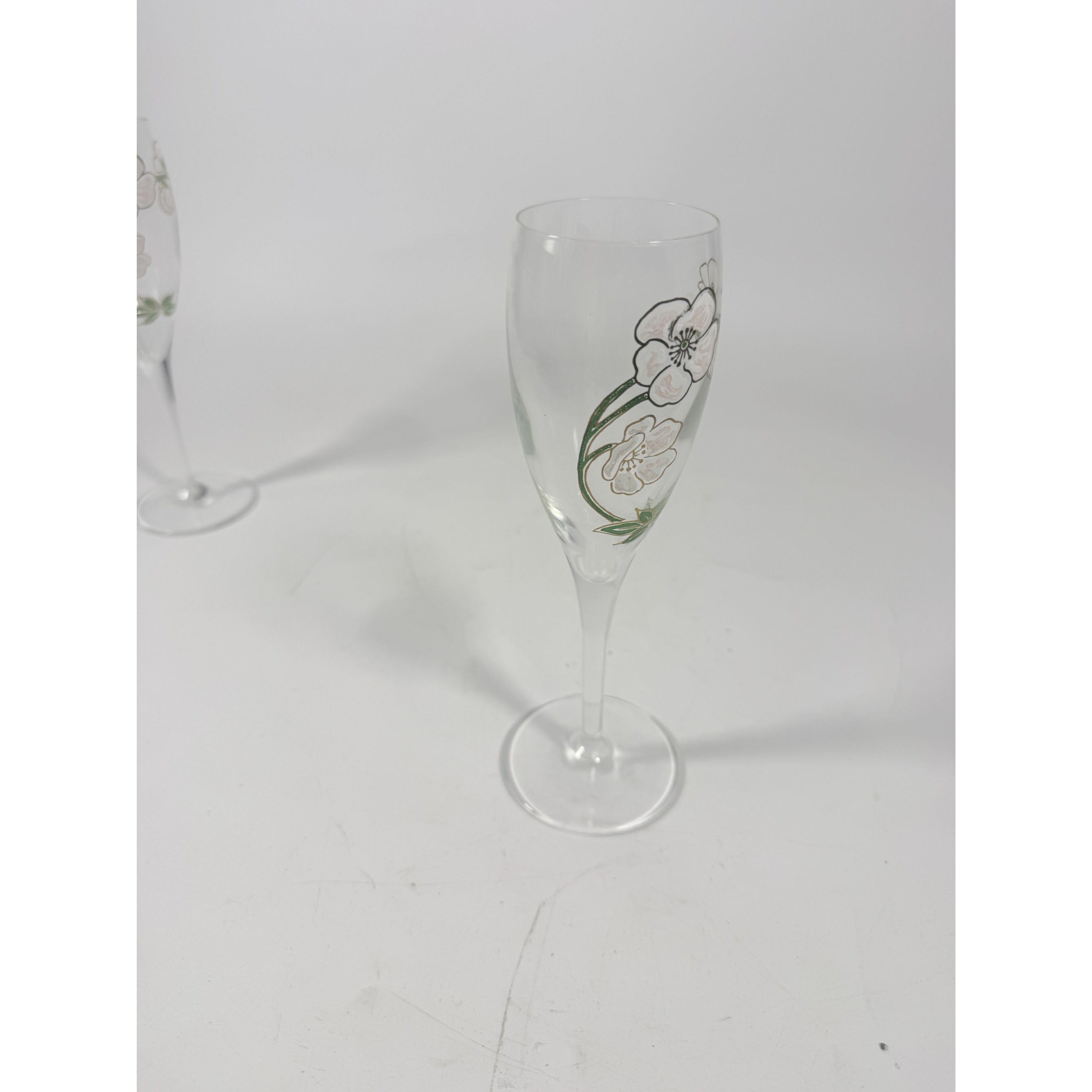 Crystal Champagne Flutes Set 2 Perrier Jouet Belle Epoque France  Hand-Painted 7 1/2" Pair Toasting Glassware Vintage Wedding Replacement