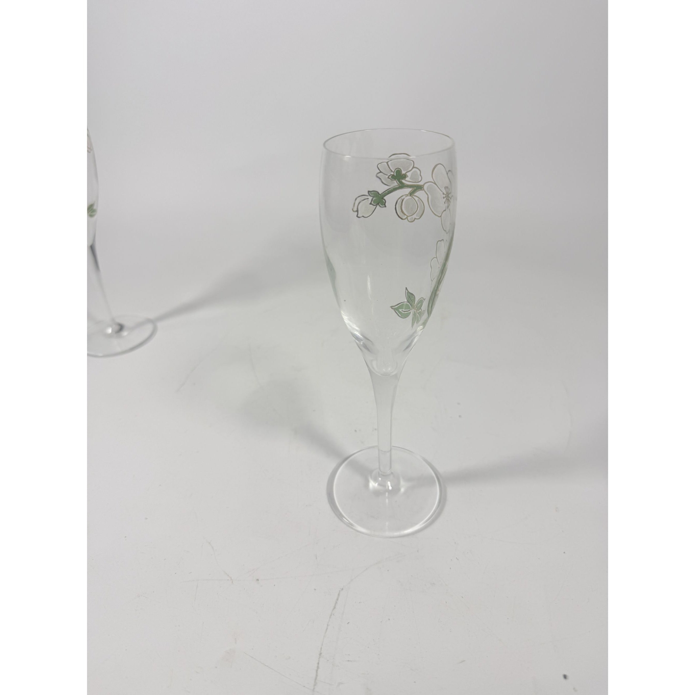Crystal Champagne Flutes Set 2 Perrier Jouet Belle Epoque France  Hand-Painted 7 1/2" Pair Toasting Glassware Vintage Wedding Replacement