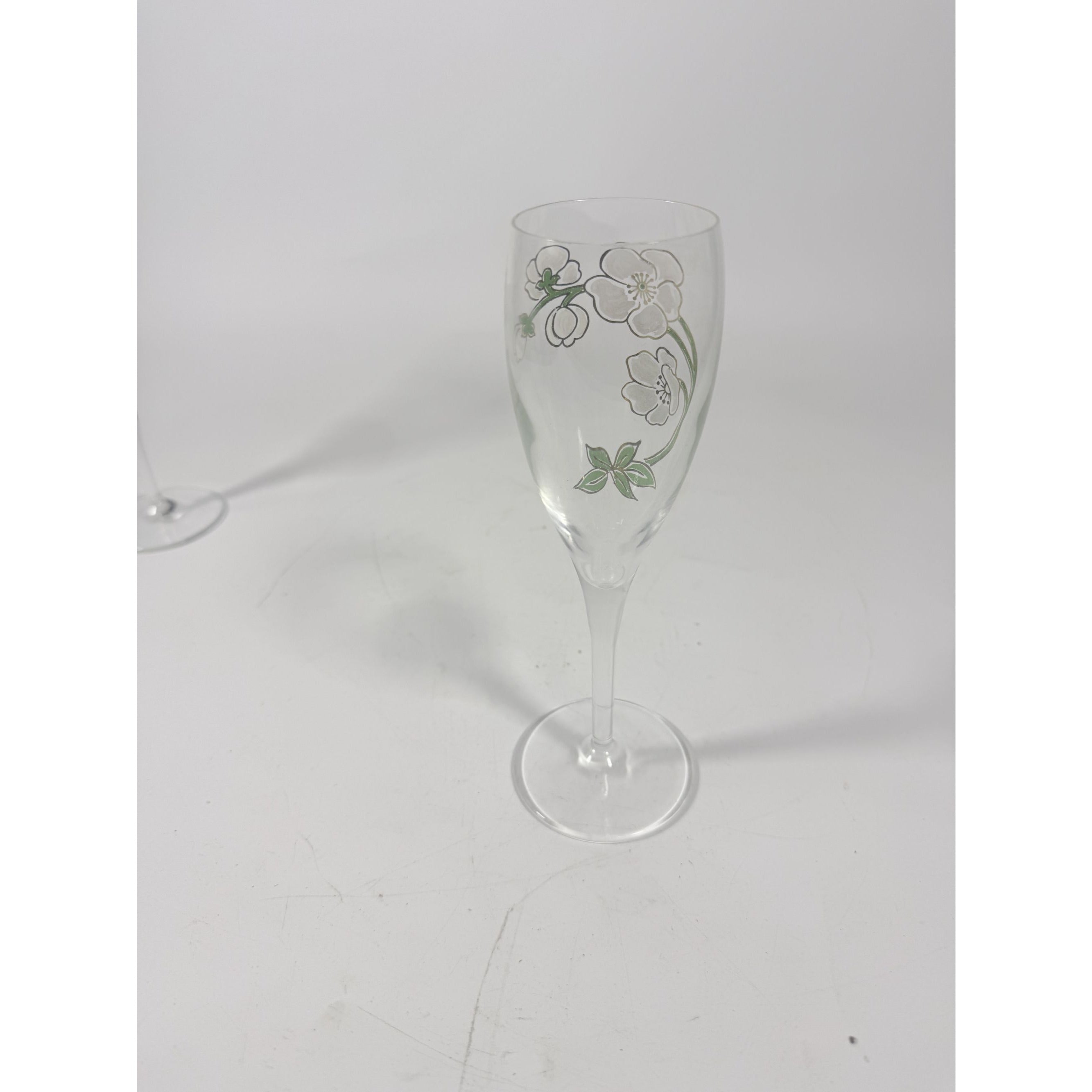Crystal Champagne Flutes Set 2 Perrier Jouet Belle Epoque France  Hand-Painted 7 1/2" Pair Toasting Glassware Vintage Wedding Replacement