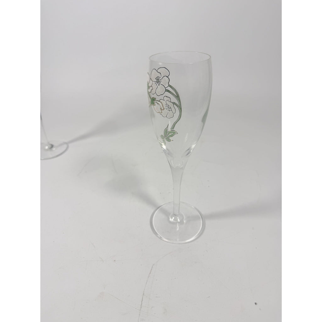 Crystal Champagne Flutes Set 2 Perrier Jouet Belle Epoque France  Hand-Painted 7 1/2" Pair Toasting Glassware Vintage Wedding Replacement