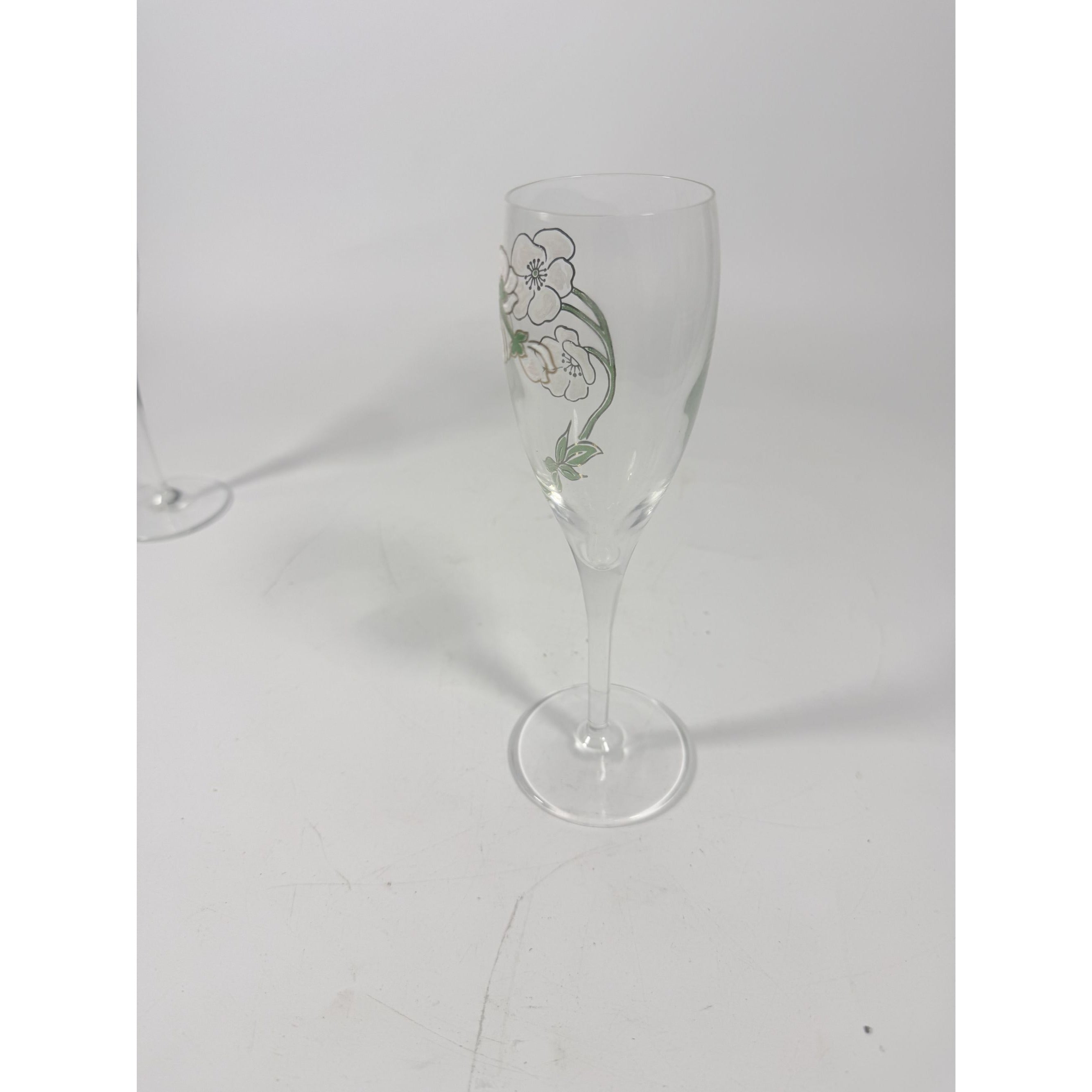 Crystal Champagne Flutes Set 2 Perrier Jouet Belle Epoque France  Hand-Painted 7 1/2" Pair Toasting Glassware Vintage Wedding Replacement