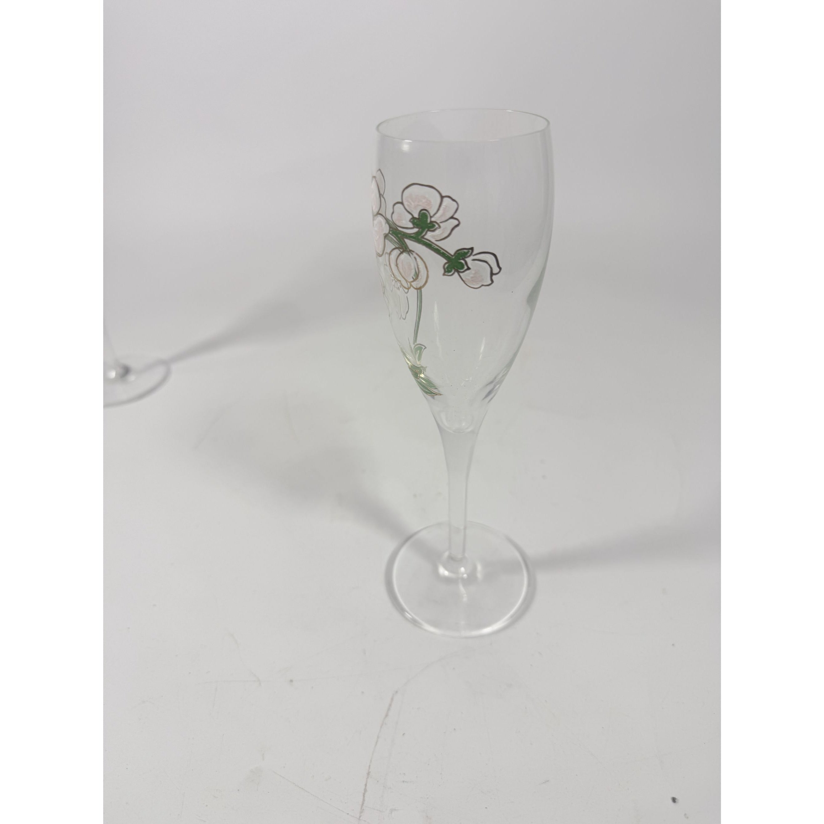 Crystal Champagne Flutes Set 2 Perrier Jouet Belle Epoque France  Hand-Painted 7 1/2" Pair Toasting Glassware Vintage Wedding Replacement