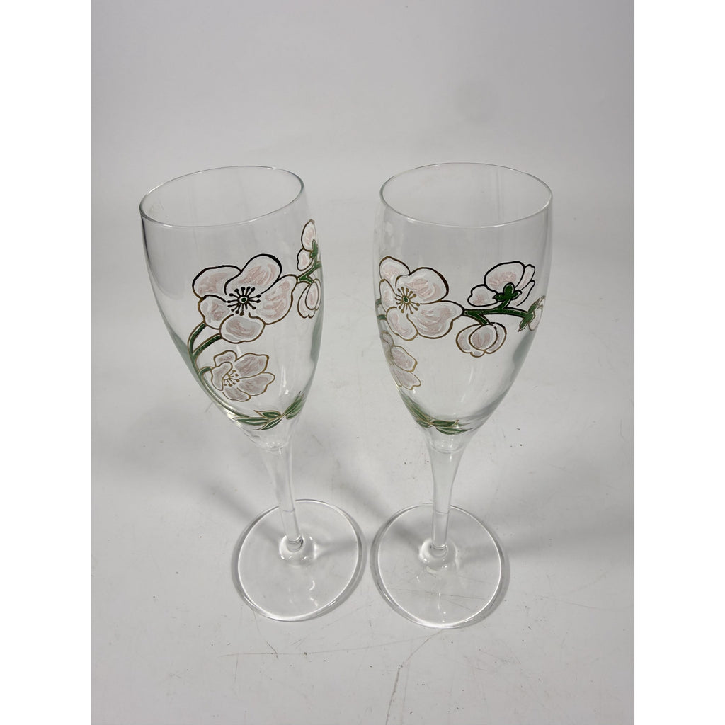 Crystal Champagne Flutes Set 2 Perrier Jouet Belle Epoque France  Hand-Painted 7 1/2" Pair Toasting Glassware Vintage Wedding Replacement
