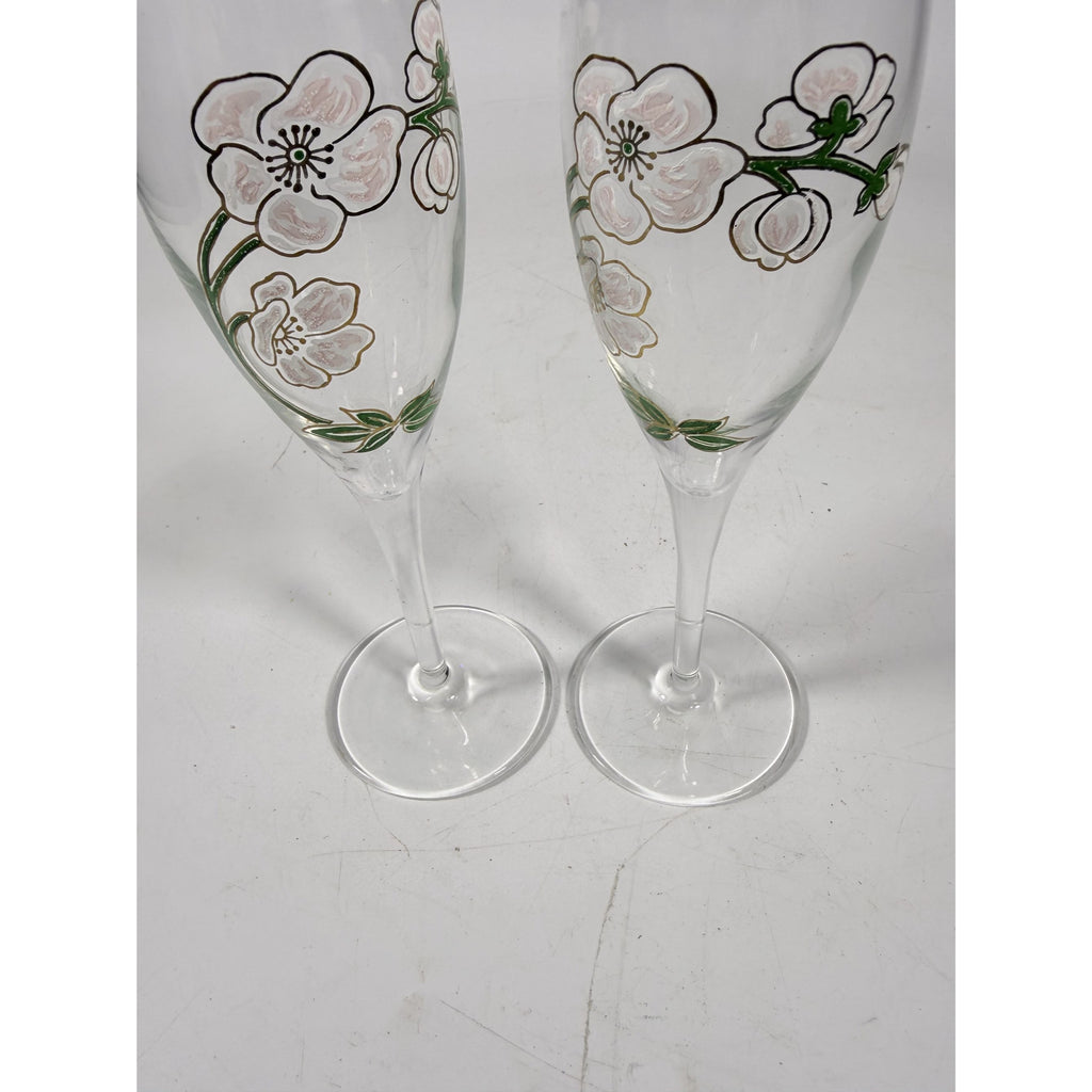 Crystal Champagne Flutes Set 2 Perrier Jouet Belle Epoque France  Hand-Painted 7 1/2" Pair Toasting Glassware Vintage Wedding Replacement