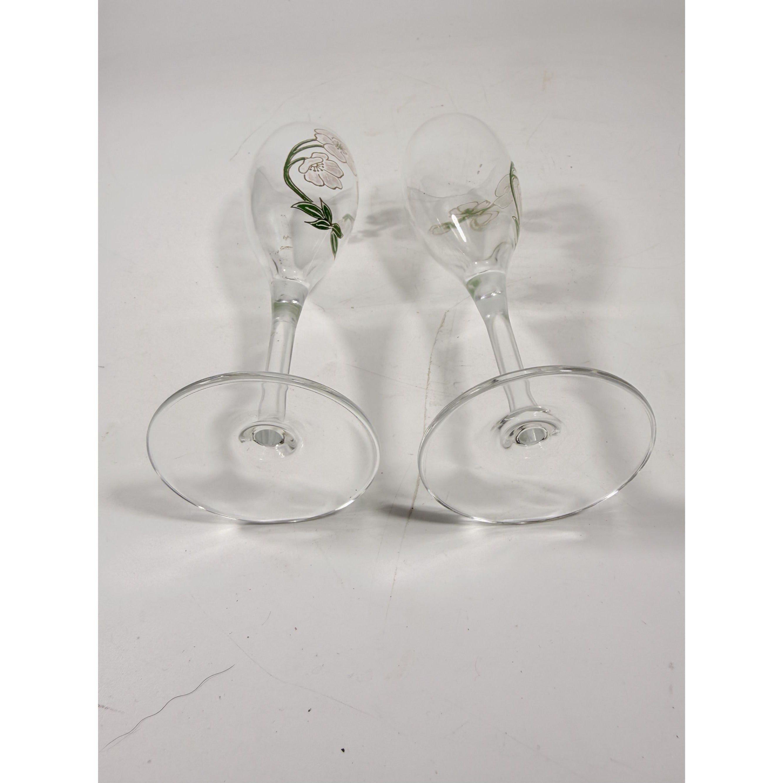 Crystal Champagne Flutes Set 2 Perrier Jouet Belle Epoque France  Hand-Painted 7 1/2" Pair Toasting Glassware Vintage Wedding Replacement