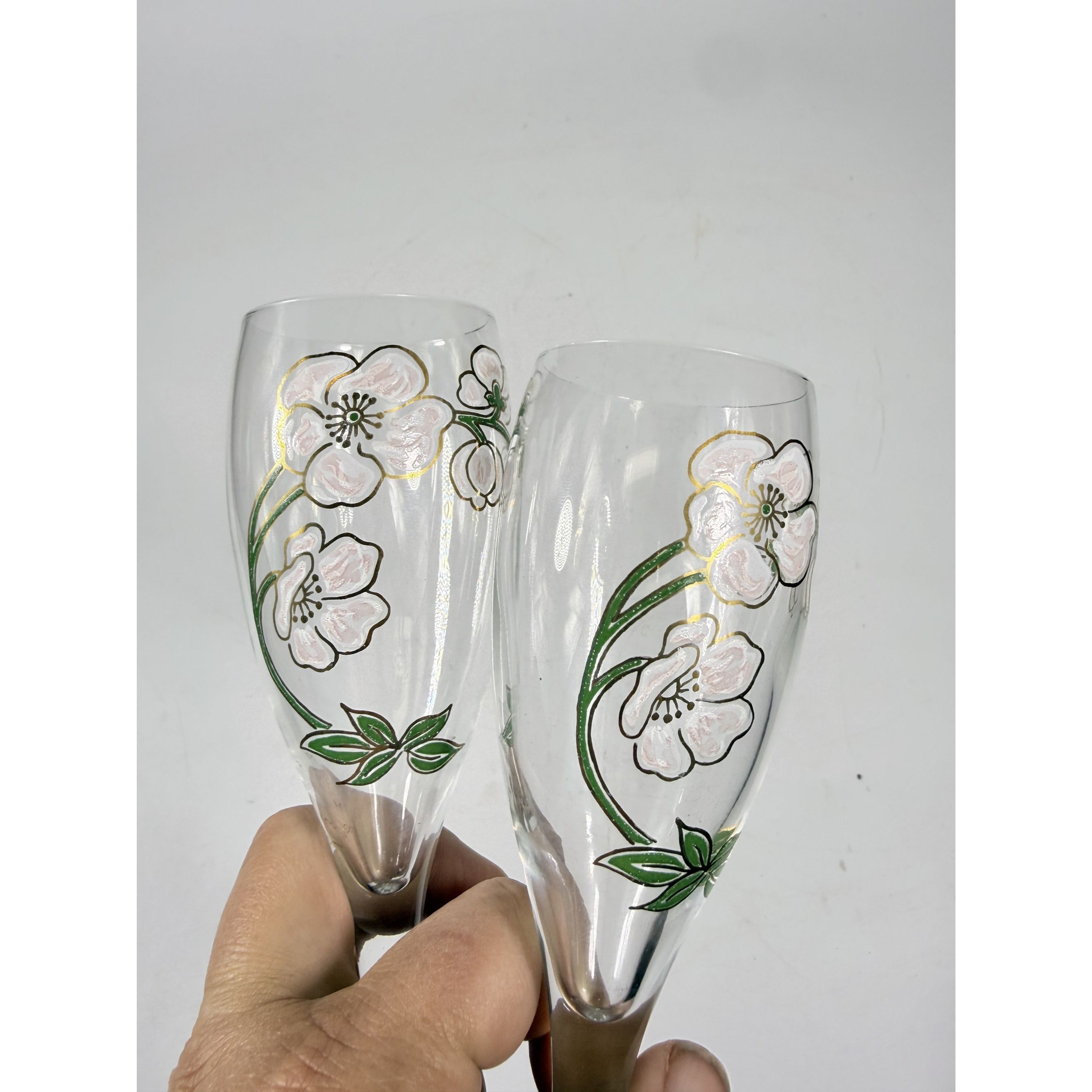 Crystal Champagne Flutes Set 2 Perrier Jouet Belle Epoque France  Hand-Painted 7 1/2" Pair Toasting Glassware Vintage Wedding Replacement