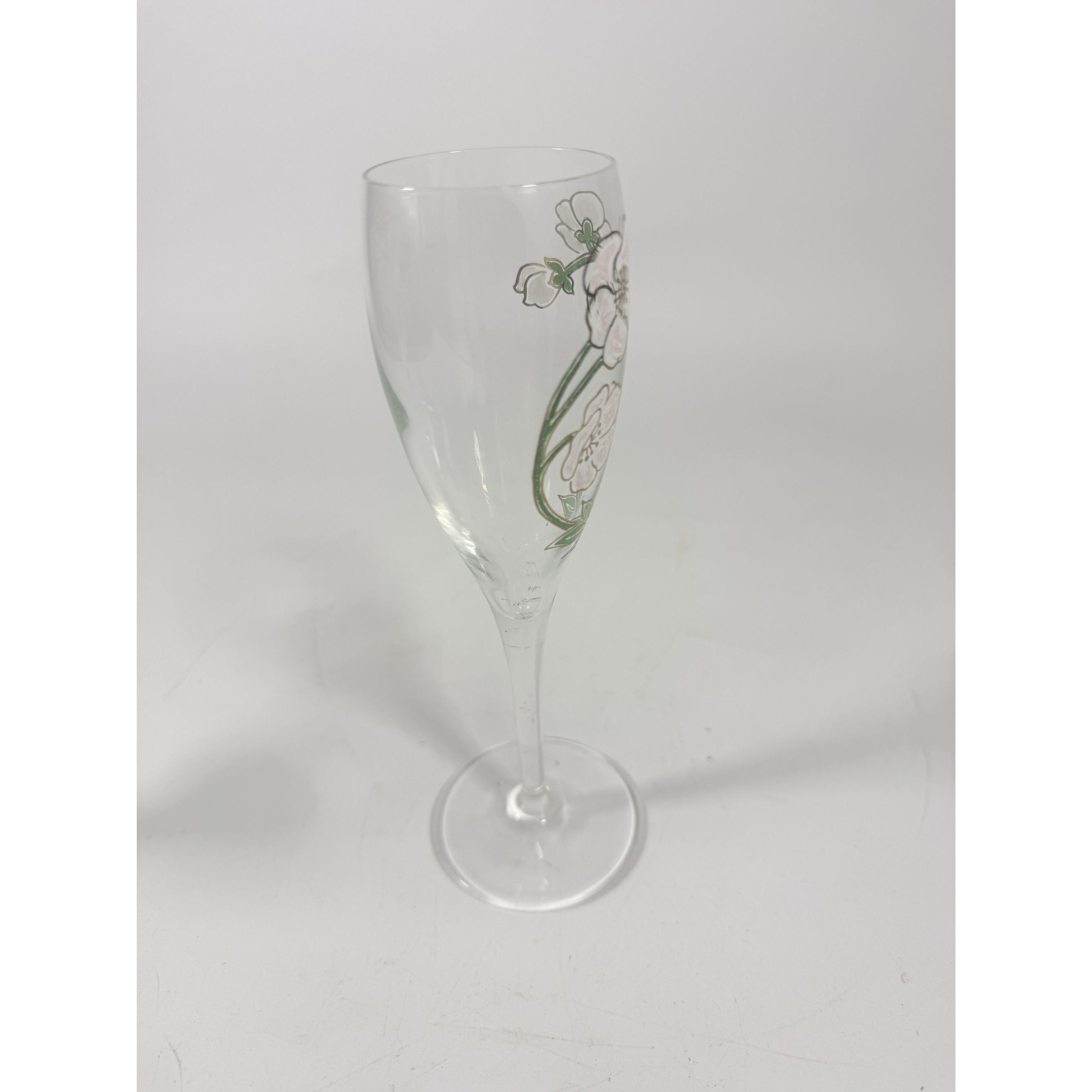 Crystal Champagne Flutes Set 2 Perrier Jouet Belle Epoque France  Hand-Painted 7 1/2" Pair Toasting Glassware Vintage Wedding Replacement