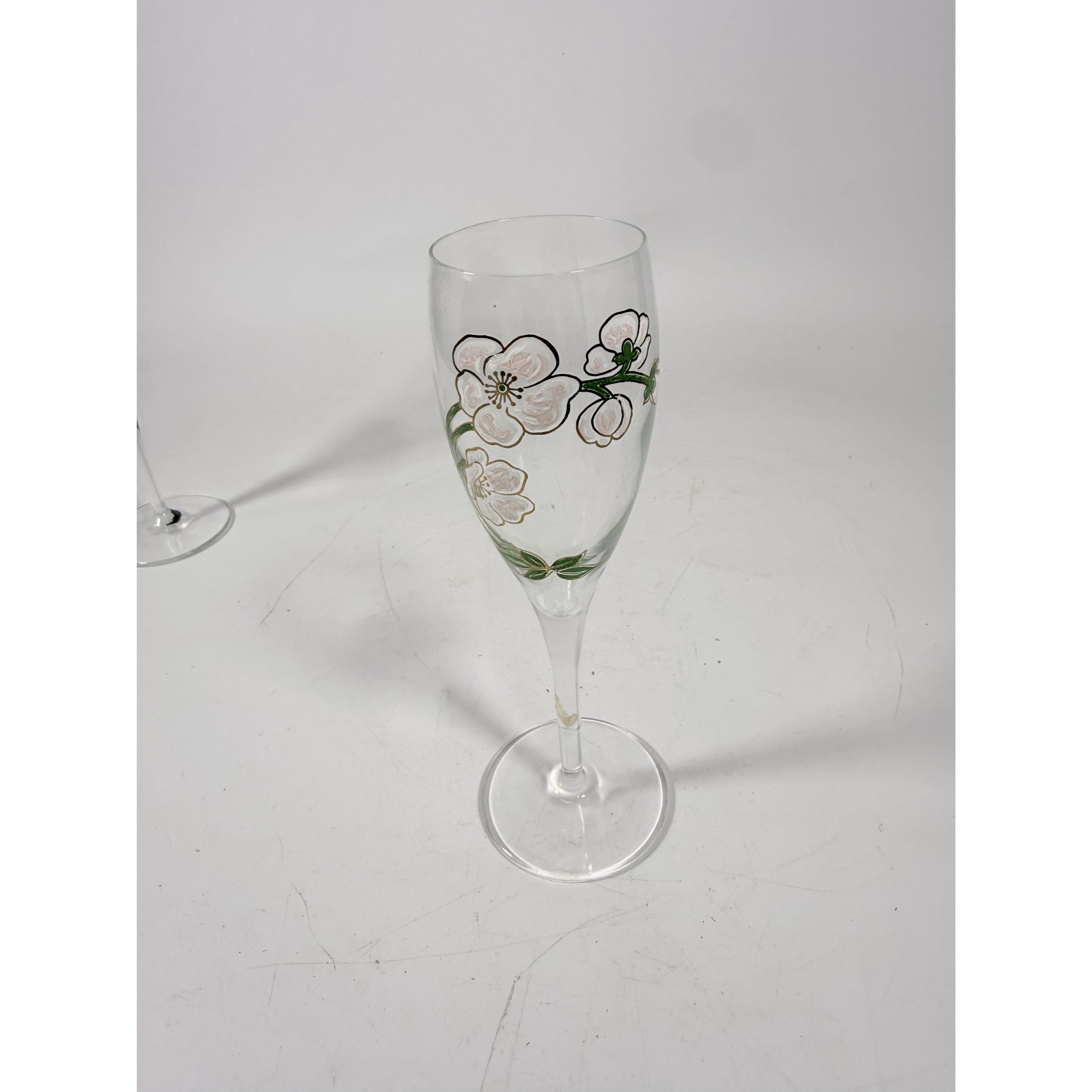 Crystal Champagne Flutes Set 2 Perrier Jouet Belle Epoque France  Hand-Painted 7 1/2" Pair Toasting Glassware Vintage Wedding Replacement