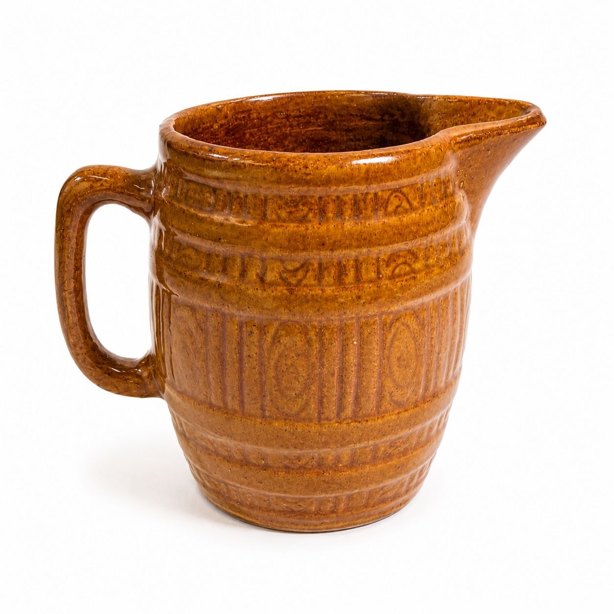 Stoneware Pottery Pitcher Glazed Barrel Rustic Farmhouse Vintage Brown Large Faux Wood Primitive Cottage Granny Core